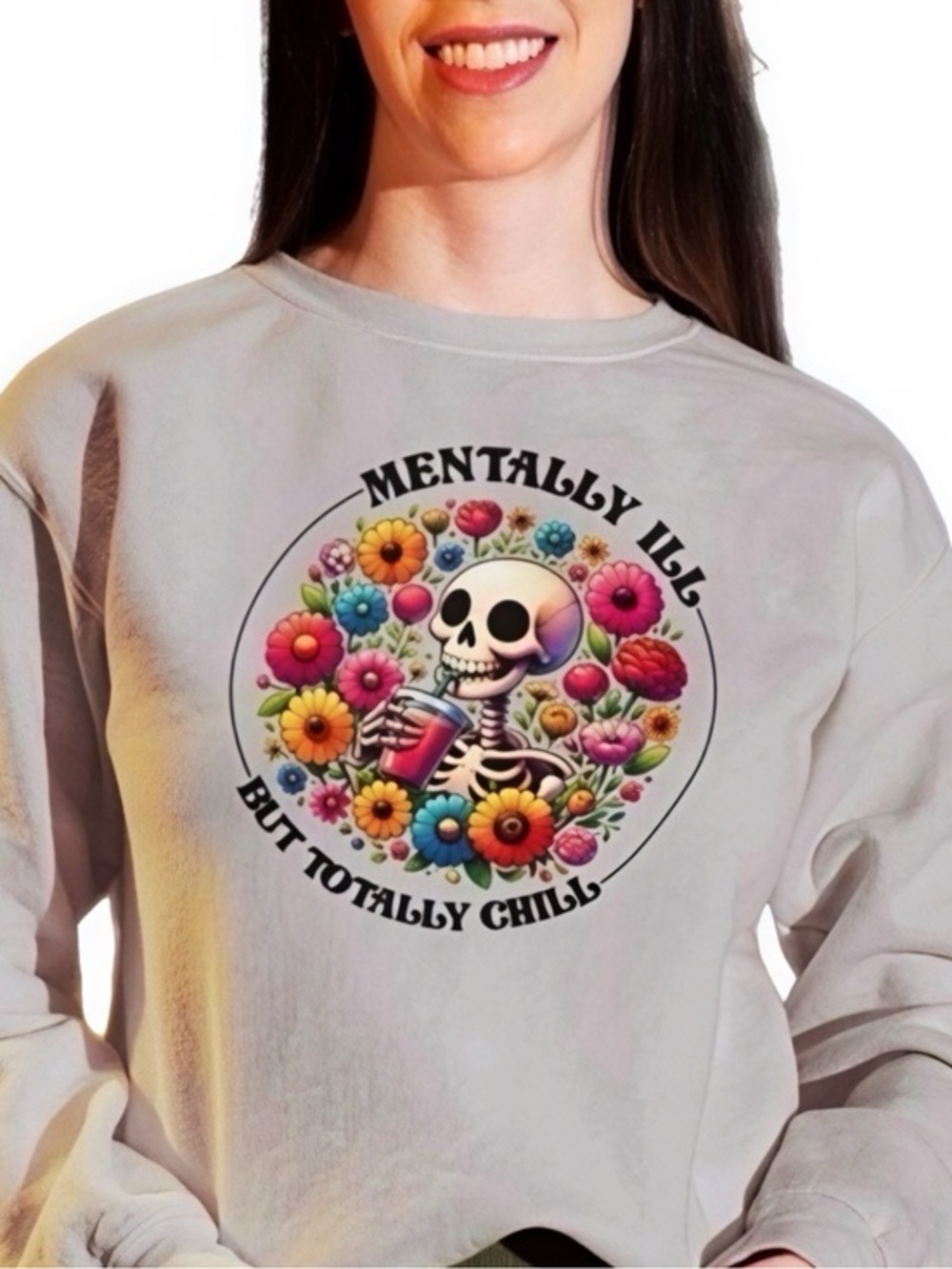 WILDFOX | Floral Skull ‘Mentally Ill But Totally Chill Graphic Print Long sleeve